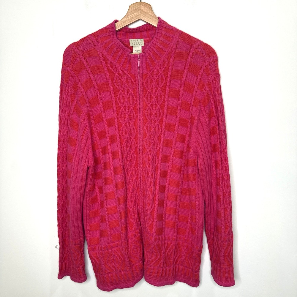 Sigrid Olsen Silk Blend Full Zip Cable Knit Sweater Cardigan Rabbit Hair Pink 1X